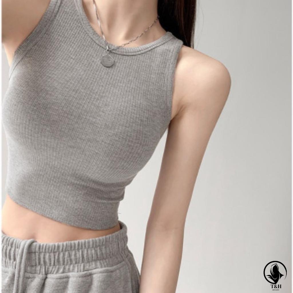 Áo croptop len tăm sát nách thời trang nữ , thun tăm cổ tròn 3 lỗ nữ ulzzang