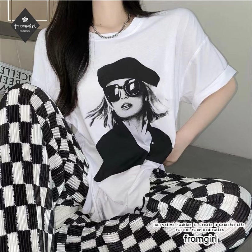 Set Áo Thun Ngắn Tay + Quần Dài Ống Rộng Lưng Cao Thời Trang Cho Nữ