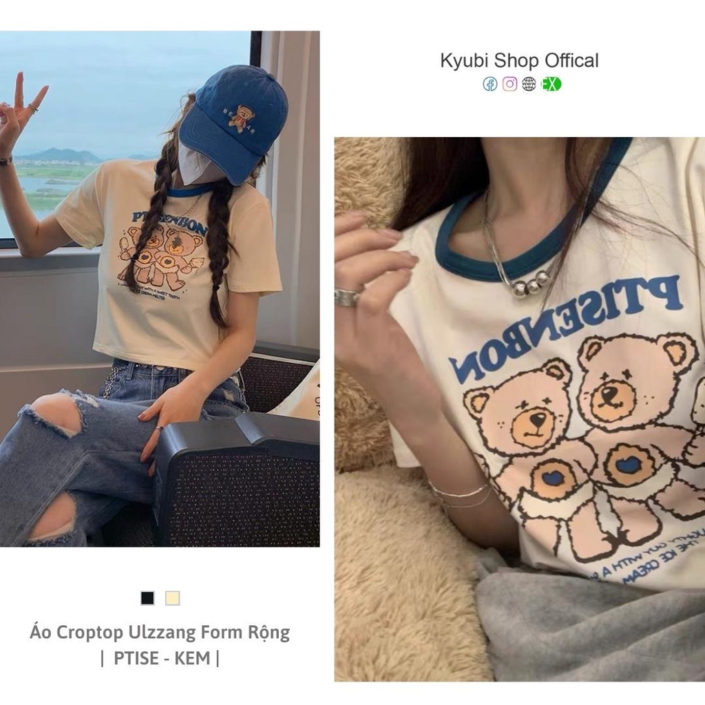 Áo thun croptop PTISE phong cách ulzzang form rộng - Áo phông croptop chất cotton KYUBI CRT21