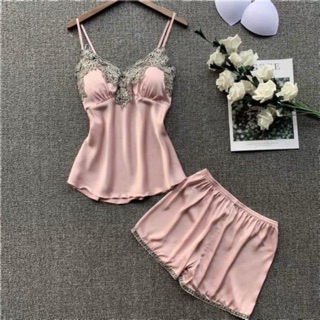 QQ2569 bộ ngủ lụa sati phối ren - đồ ngủ cao cấp