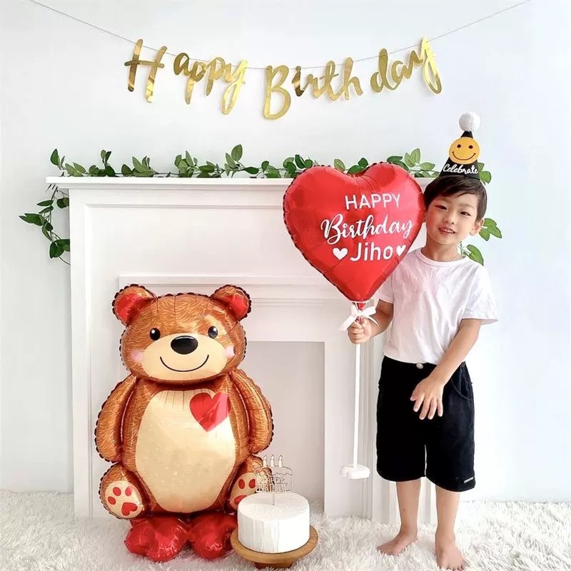 Bong Bóng Lá Nhôm Hình Trái Tim Gấu Hoạt Hình 3D Trang Trí Tiệc