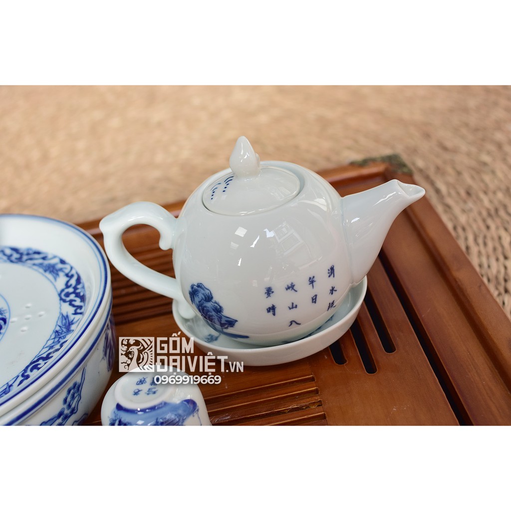 Bộ ấm chén men lam cổ Bát Tràng ông lão đánh cá khay tròn ấm chóp