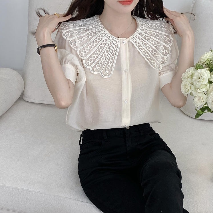 Áo Sơ Mi Tay Ngắn Cài Nút Cổ Phối Ren Phong Cách Retro 50016