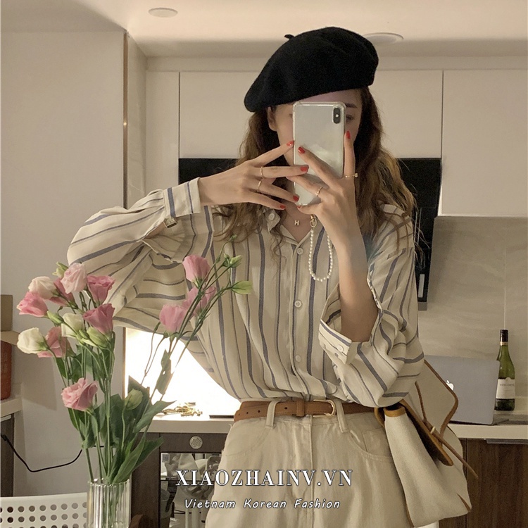 Xiaozhainv  Áo Sơ Mi Tay Dài Dáng Rộng Kẻ Sọc Thời Trang Retro Cho Nữ