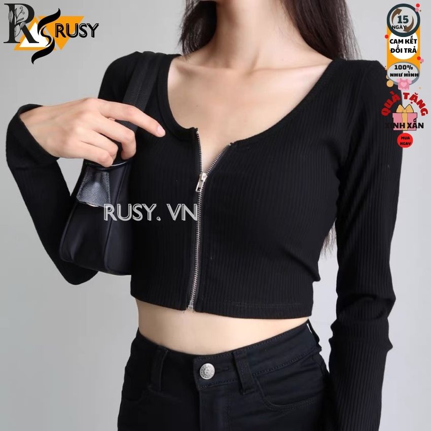 Áo Croptop Tay Dài Nữ Dây Kéo Khoá Ngực Thun Gân Tốt Ulzzang, Áo thun nữ dài tay chất vải tốt mặc đẹp basic dày dặn