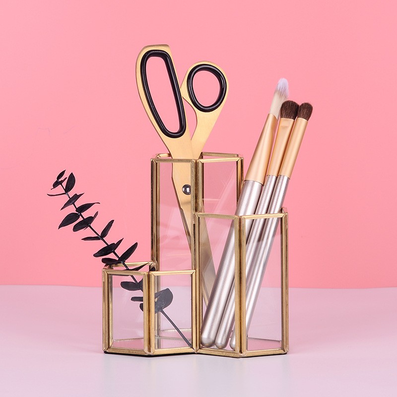 SUPO DEPOT - Giá Đỡ Cọ Trang Điểm Để Bàn Có 3 Ngăn Thép Và Acrylic - Màu Vàng