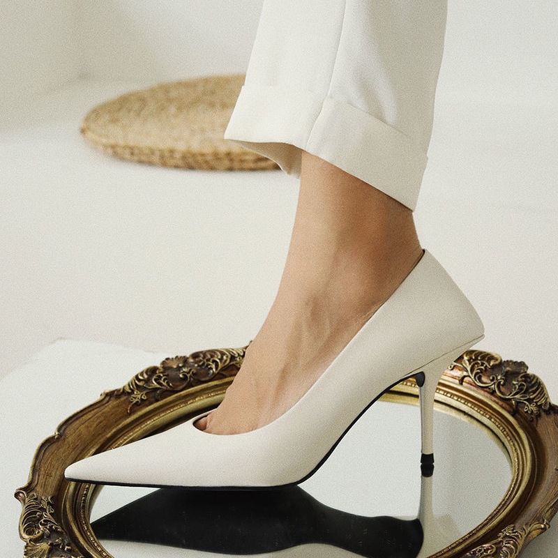 Giày Cao Gót Da Pu Màu Trắng Đen Thanh Lịch Cao Cấp Thời Trang