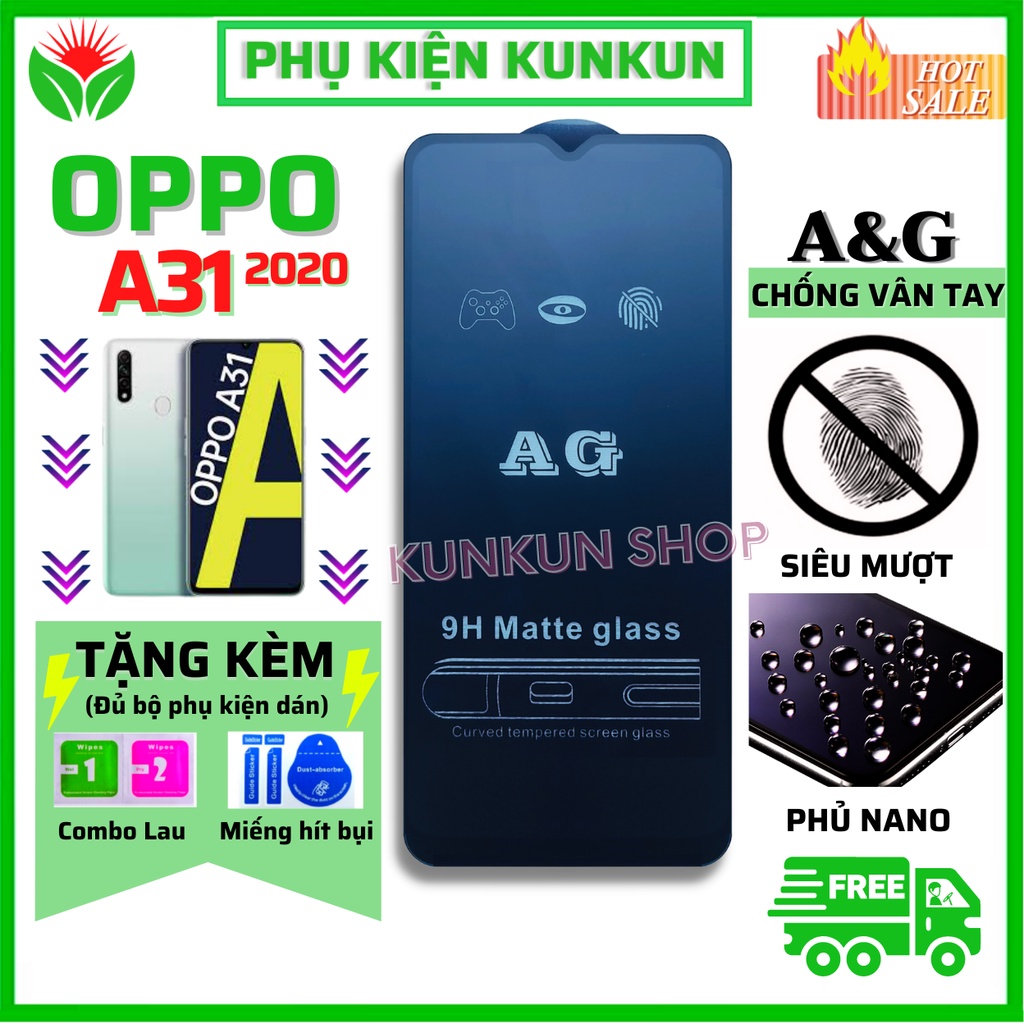 [AG Chống vân tay] Kính Cường Lực Oppo A31 [2020] - Full màn hình - Nhám chống mồ hôi tay - Vuốt siêu mượt