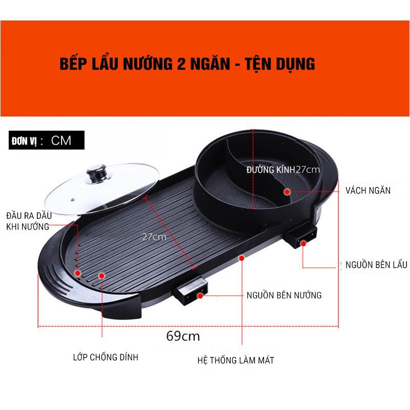 Bếp lẩu nướng Đa năng 2 trong 1, Công suất 2150W bề mặt chống dính truyền nhiệt nhanh, tiện lợi cho mọi gia đình