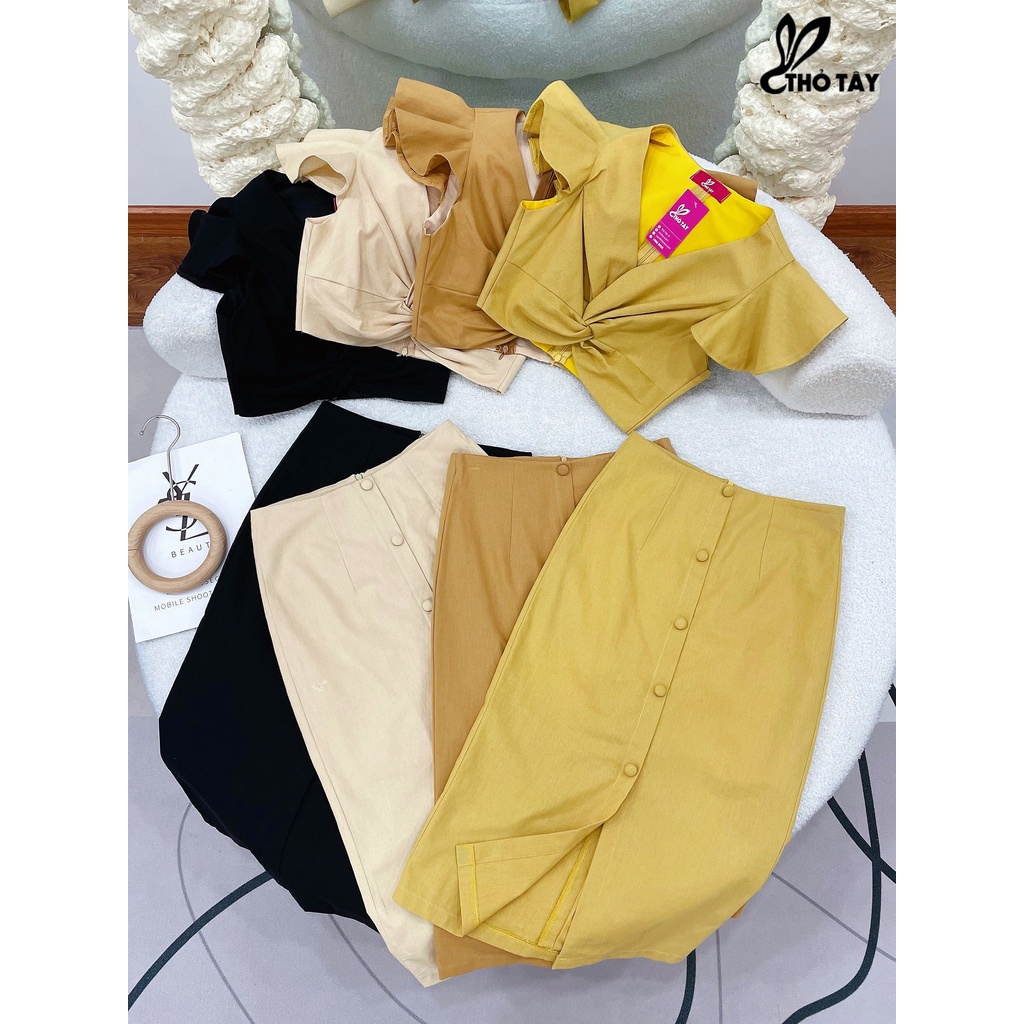 Set áo croptop xoắn ngực mix chân váy THỎ TÂY S399X312