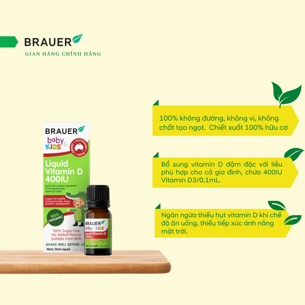 Vitamin D 400IU dạng nước Brauer Baby &amp; Kids Liquid Vitamin D 400IU cho trẻ sơ sinh và trẻ nhỏ (10 ml)