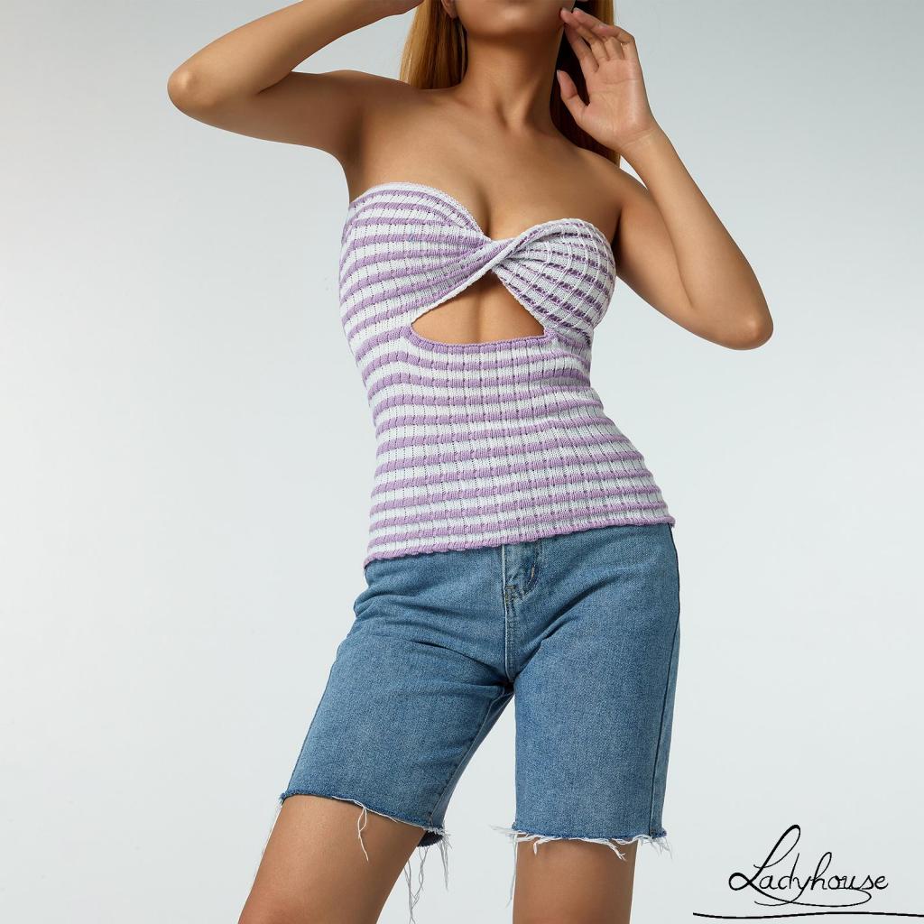 Áo Ống Dệt Kim Họa Tiết Kẻ Sọc Rỗng Hở Lưng Gợi Cảm Thời Trang Cho Nữ