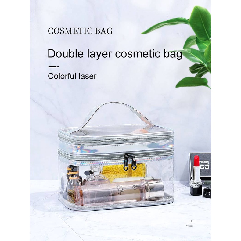 Túi đựng mỹ phẩm trang điểm hai lớp trong suốt nhiều màu sắc tùy chọn laser chống thấm nước dành cho mang đi du lịch