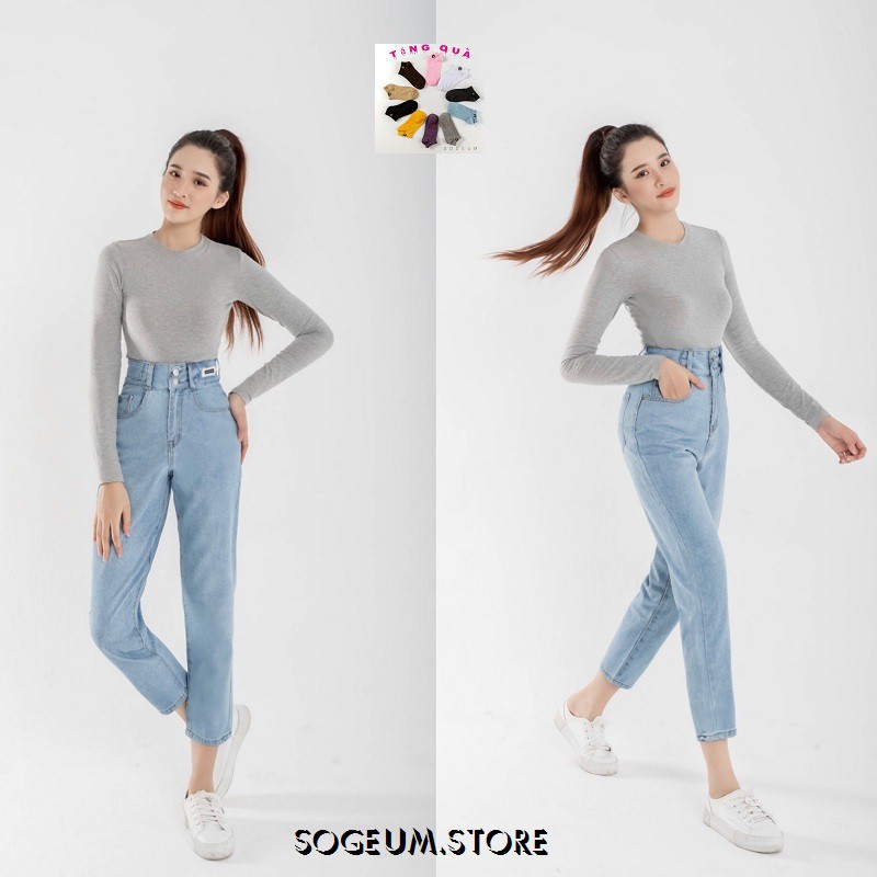 Quần jeans nữ dáng baggy cạp cao họa tiết trơn size S M L sogeum.store