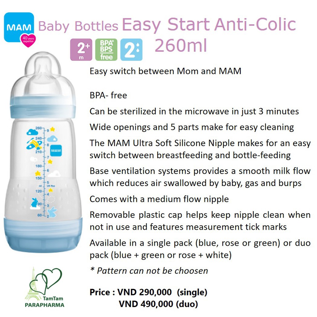 Nhựa pastel mới 🇫🇷 Cặp 02 bình sữa nhựa MAM 260ml van đáy rời chống đau bụng