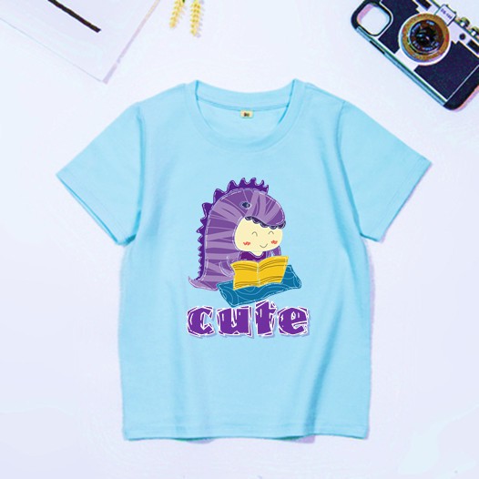 Áo thun cotton dày mịn cho bé trai bé gái in hình khủng long tím cute
