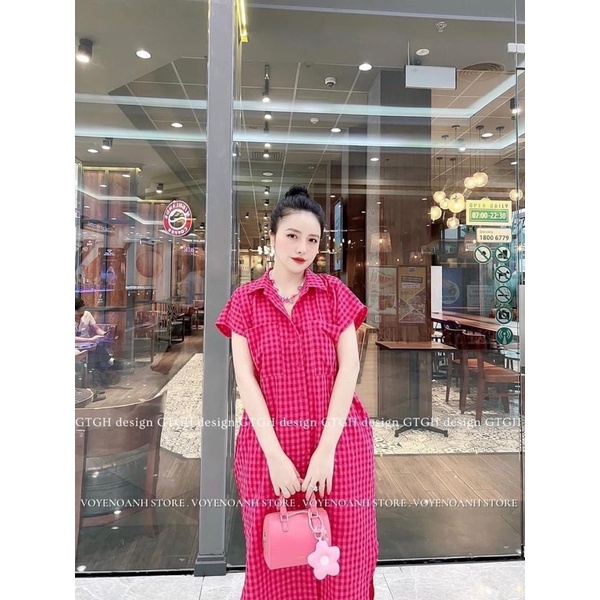 Váy Sơ Mi Đũi Kẻ Hồng Dáng Dài Hàng Đổ Shop
