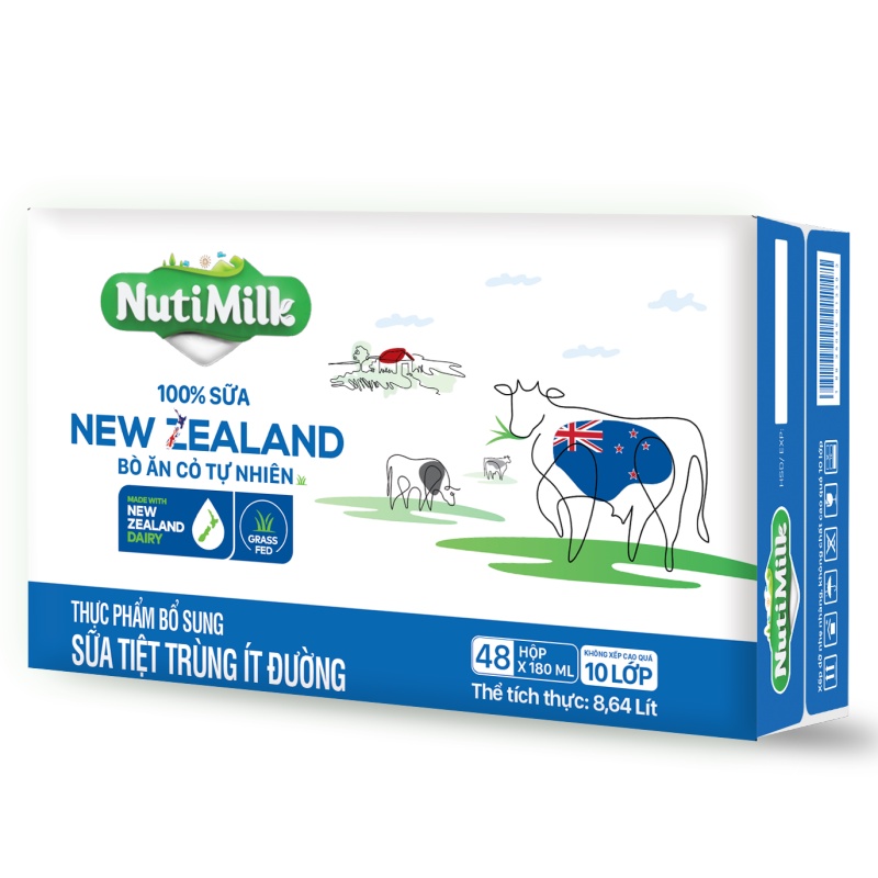 Thùng 48 Hộp NutiMilk 100% Sữa New Zealand Bò ăn cỏ tự nhiên Ít đường 180ml TU.NZSID180AK -  NUTIFOOD - YOOSOO MALL