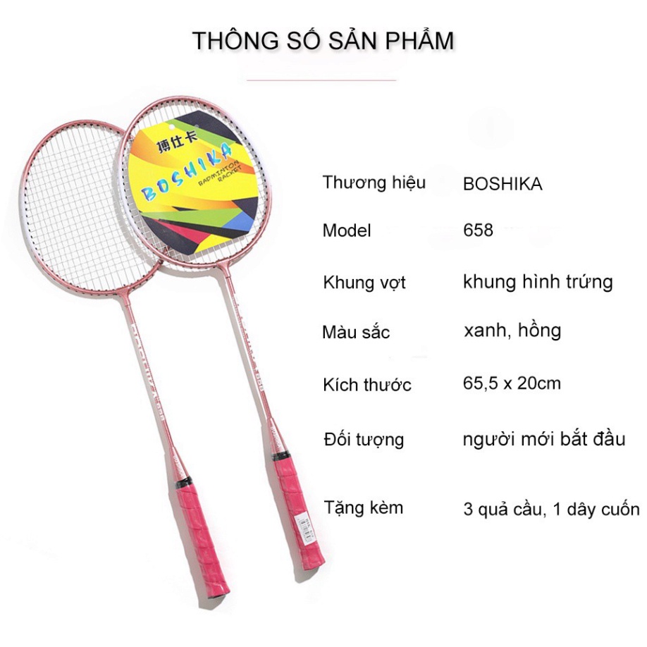 Vợt cầu lông hợp kim nhôm BOSHIKA cặp 2 vợt cầu lông tặng kèm 3 quả cầu lông