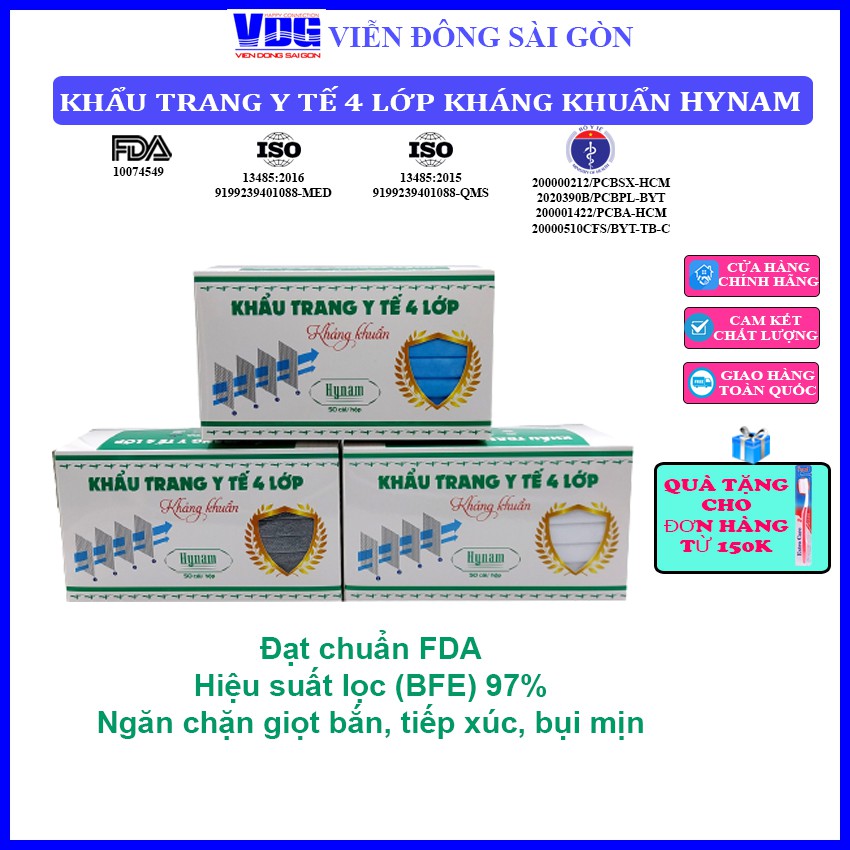 Khẩu trang y tế 4 lớp Hynam - Giấy lọc kháng khuẩn - Hiệu suất lọc BFE 97% - (50 cái/ hộp)