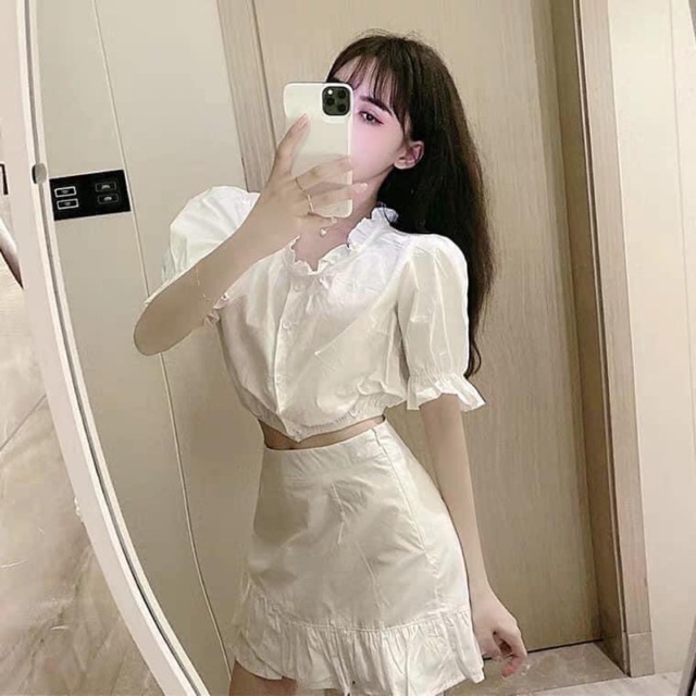 (🔥Siêu phẩm🔥) ✨SÉT ÁO CÚC TAY PHỒNG VÀ VÁY ĐUÔI CÁ (có quần trong váy) HÀNG HOT