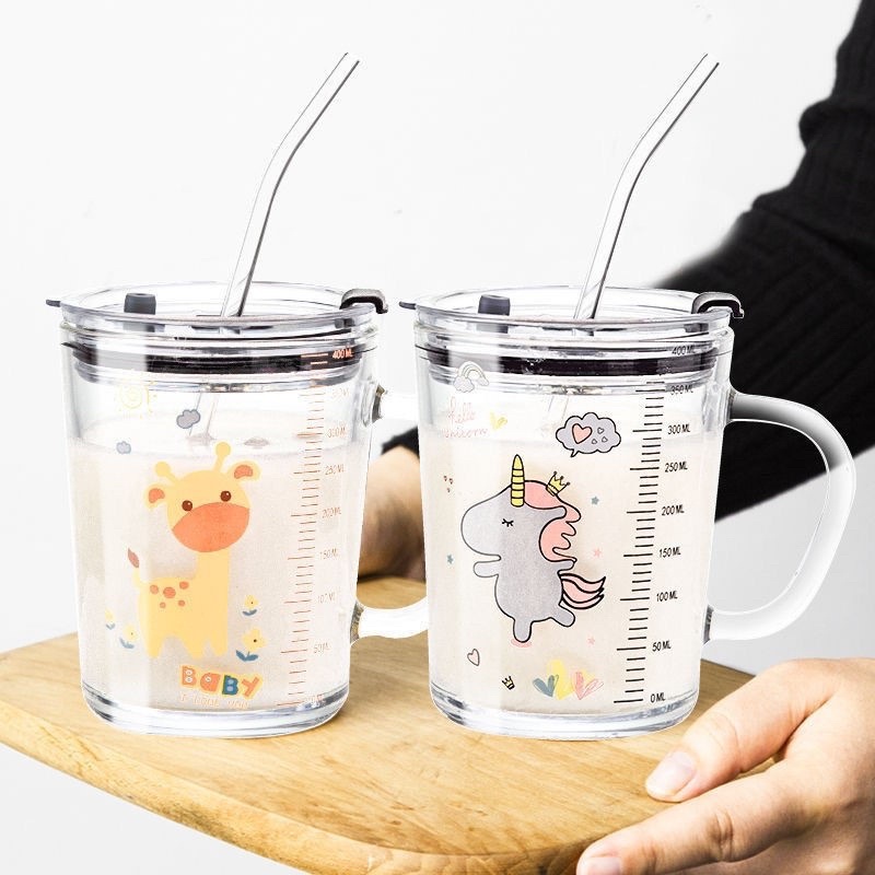 Cốc Pha Sữa Thủy Tinh Chia Vạch  350ml Kèm Ống Hút