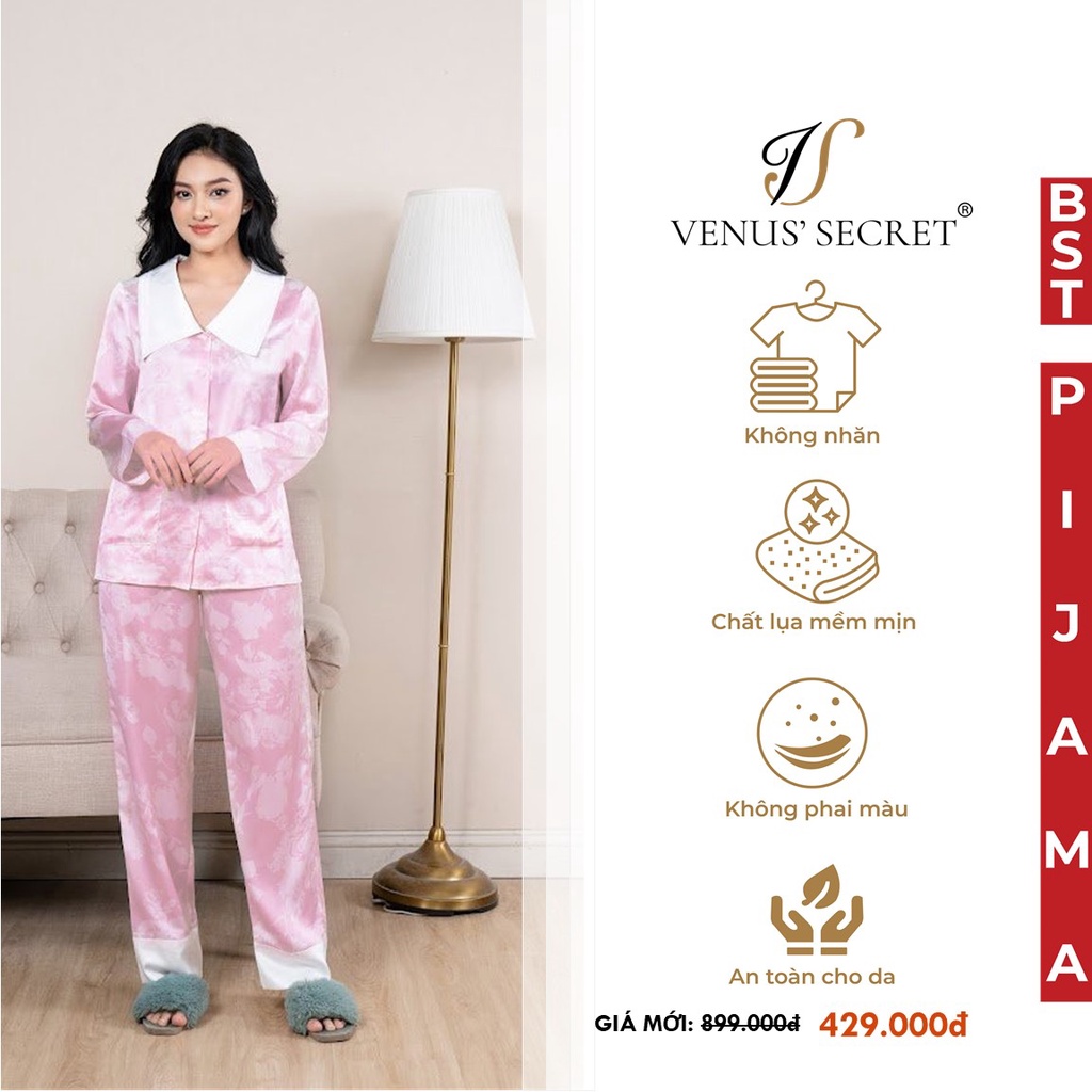 Bộ đồ ngủ Pijama lụa màu hồng phối hoa trắng VENUSSECRET