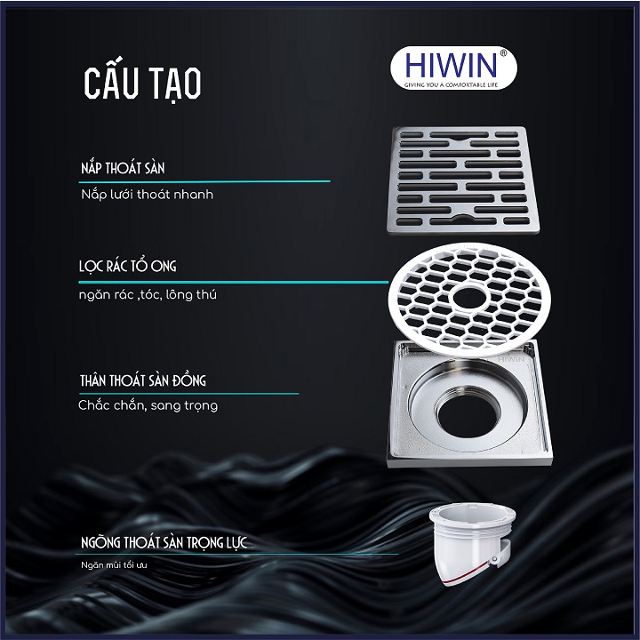 Phễu thoát sàn ngăn mùi hôi thoát nước nhanh đồng mạ crom kích thước 100x100mm HIWIN FD-1408