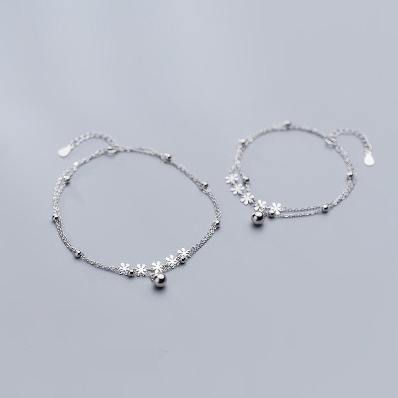 Lắc Tay Bạc Nữ Hạt Bi Đính Hoa Dây Đôi Đơn Giản Cho Nữ - Bảo Ngọc Jewelry L2523