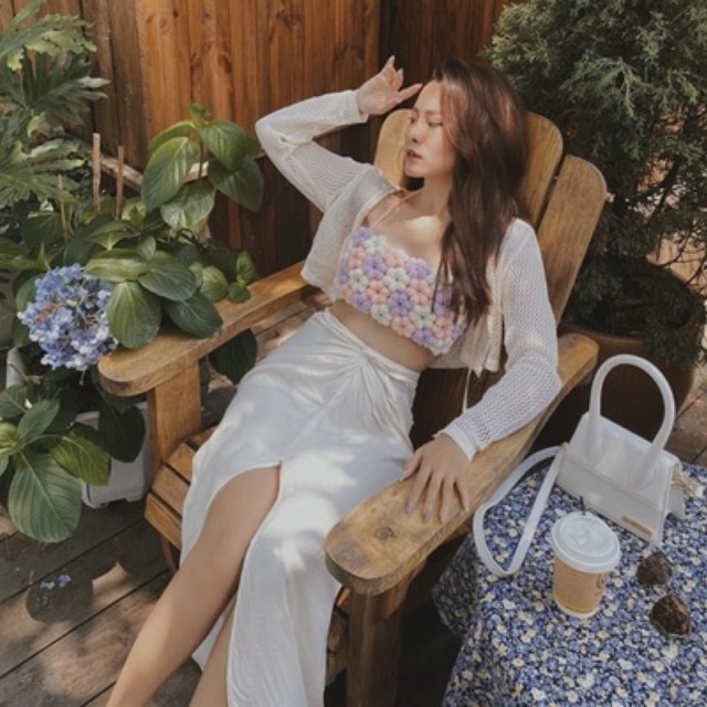 Áo croptop ghép hoa len móc handmade thủ công