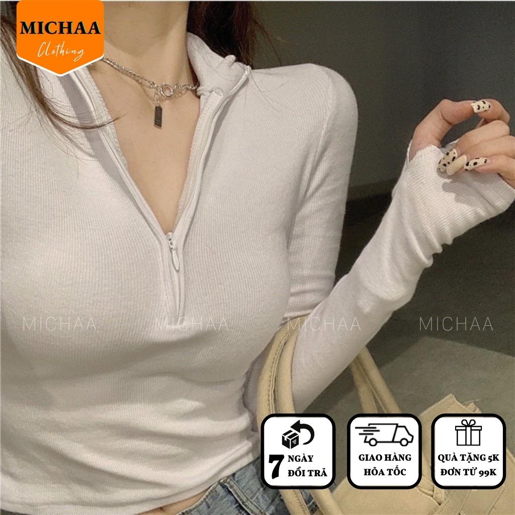 Áo Croptop CỔ CAO DÂY KÉO Tay Dài Thun Gân Kiểu Ôm Body Sexy Ulzzang - MICHAA