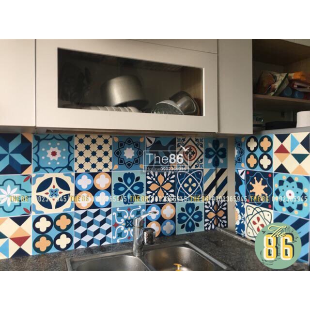 Decal gạch bông dán bếp xanh dương
