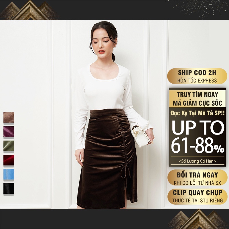 Chân váy chữ a dài jisilk xẻ tà bigsize qua gối công sở rút dây co giãn thu đông Meedi N.CVD-01