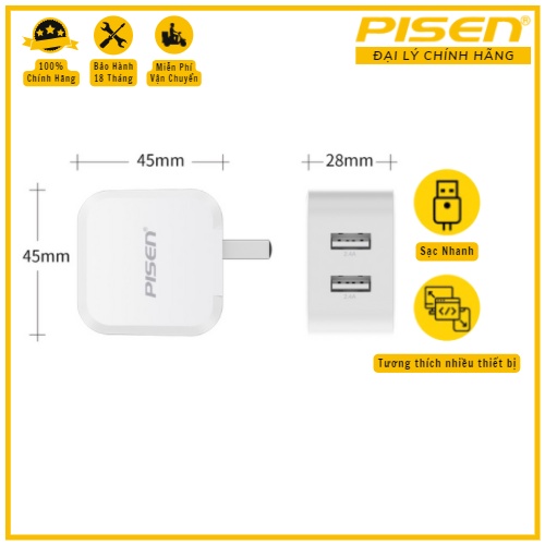 Củ Sạc nhanh 2 cổng PISEN Dual USB 2.4A, Wall Charger - Sạc thế hệ mới 12W, 2.4A - PSD07-2A