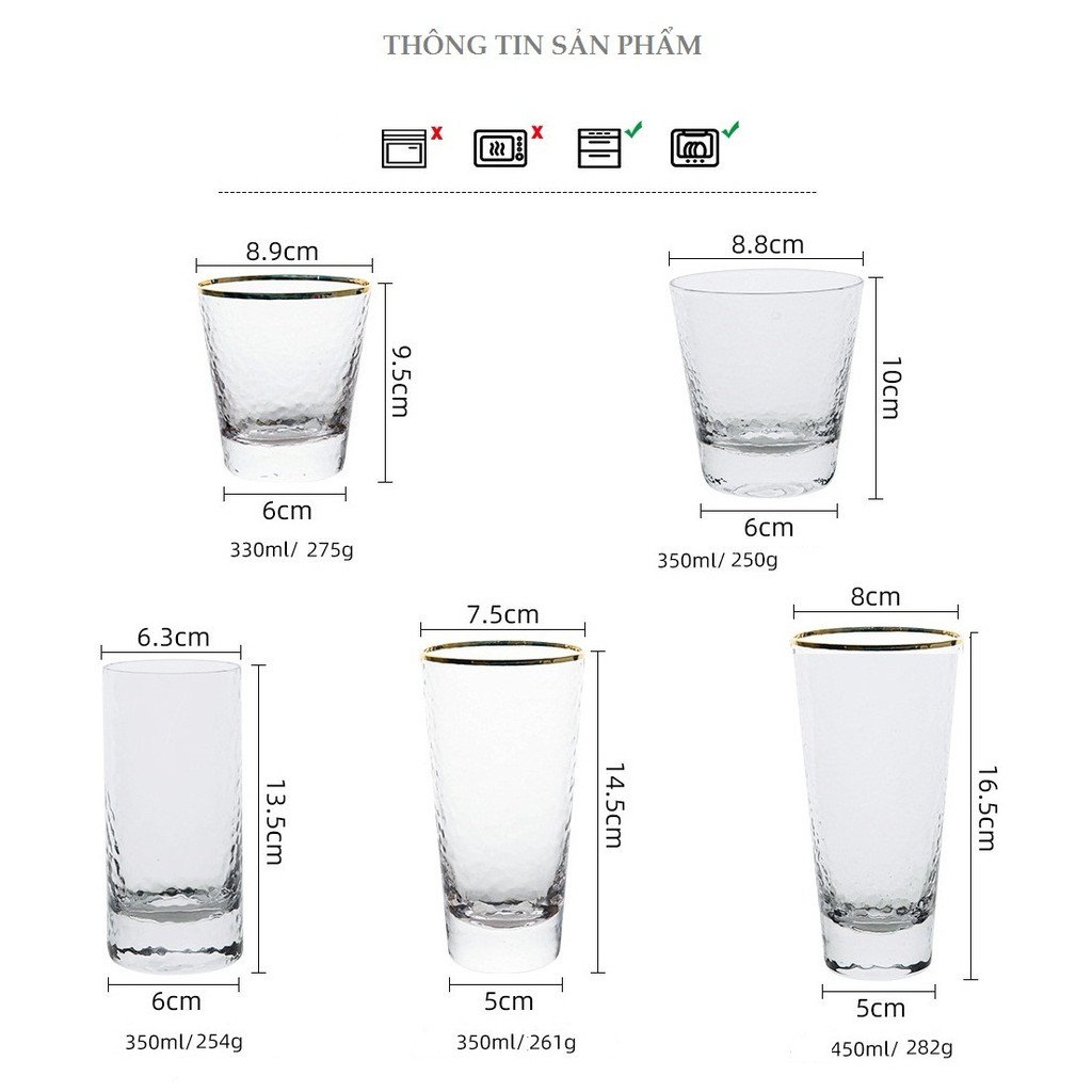 Cốc thủy tinh trong sần viền vàng cao cấp size to 350-450 ml (cao/thấp)