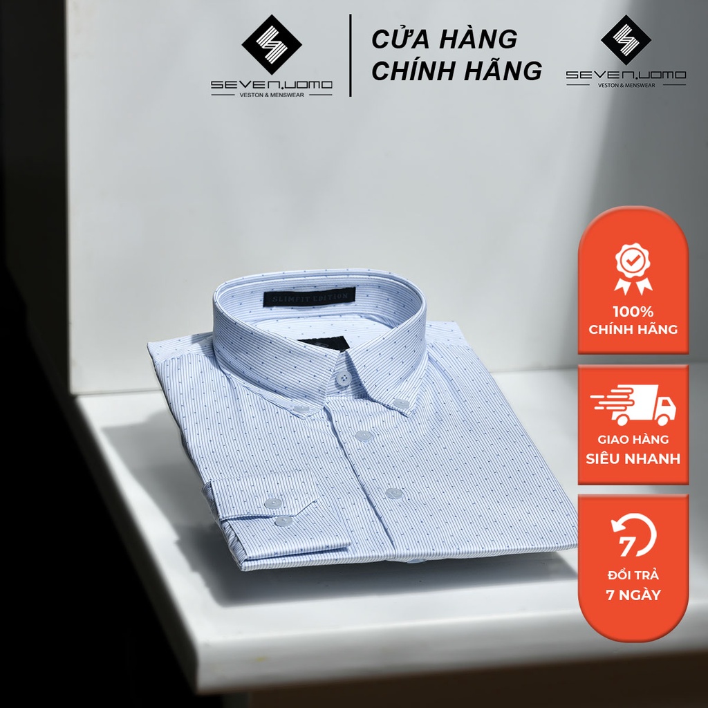 Áo Sơ Mi Nam Dài Tay SEVENUOMO Form Dáng Hàn Quốc, Không Nhăn, Vải Mịn Mát Form Vừa Xanh Chấm Bi HT41