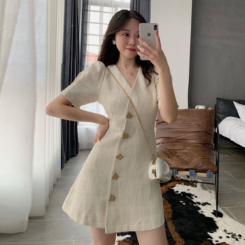 Đầm Tay Phồng Cổ Chữ V Họa Tiết Sọc Caro Thời Trang Mùa Hè Cho Nữ