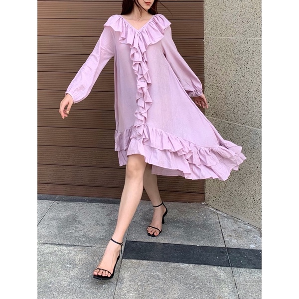 [𝗖𝗟𝗘𝗔𝗥𝗔𝗡𝗖𝗘 80] Đầm nhung gân Sweet Darlin E.studio cổ viền bèo điệu đà, cổ điển