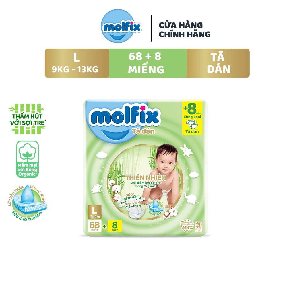 Tã/bỉm dán Molfix Thiên nhiên Super Jumbo L (9kg 13kg) Gói 68+8 miếng