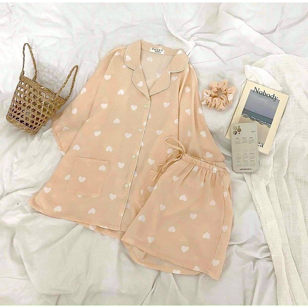 Set Pijama Buộc Tóc PEONYB Nữ [FREESHIP] 🌸 Bộ đồ quần áo mùa hè, thun bò sữa tay lỡ hình trái tim Ulzzang 🌸