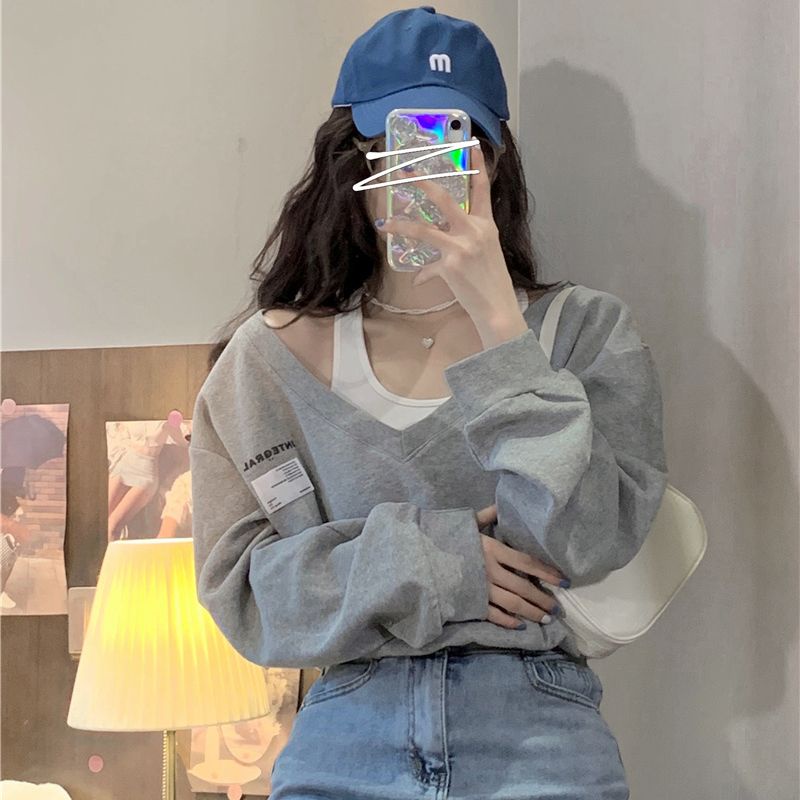 Áo Nỉ Tay Dài Giả Hai Lớp Plus Size Phong Cách Hàn Quốc Cho Nữ