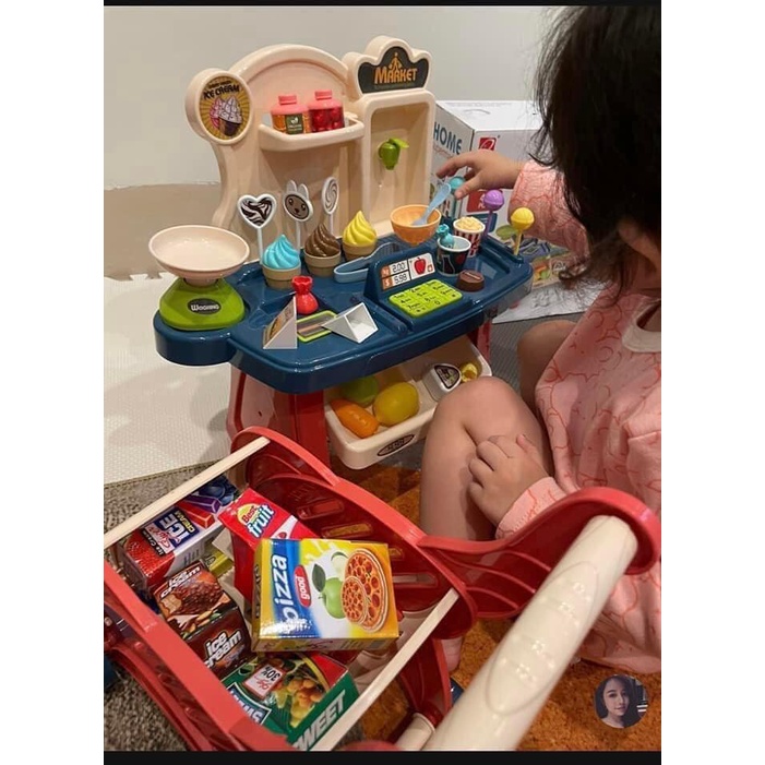Bộ Bán Hàng Siêu Thị Kèm Xe Đẩy 40 Chi Tiết Cho Bé, Bộ Bán Hàng Xe Đẩy và Quầy Bán Kem Mini