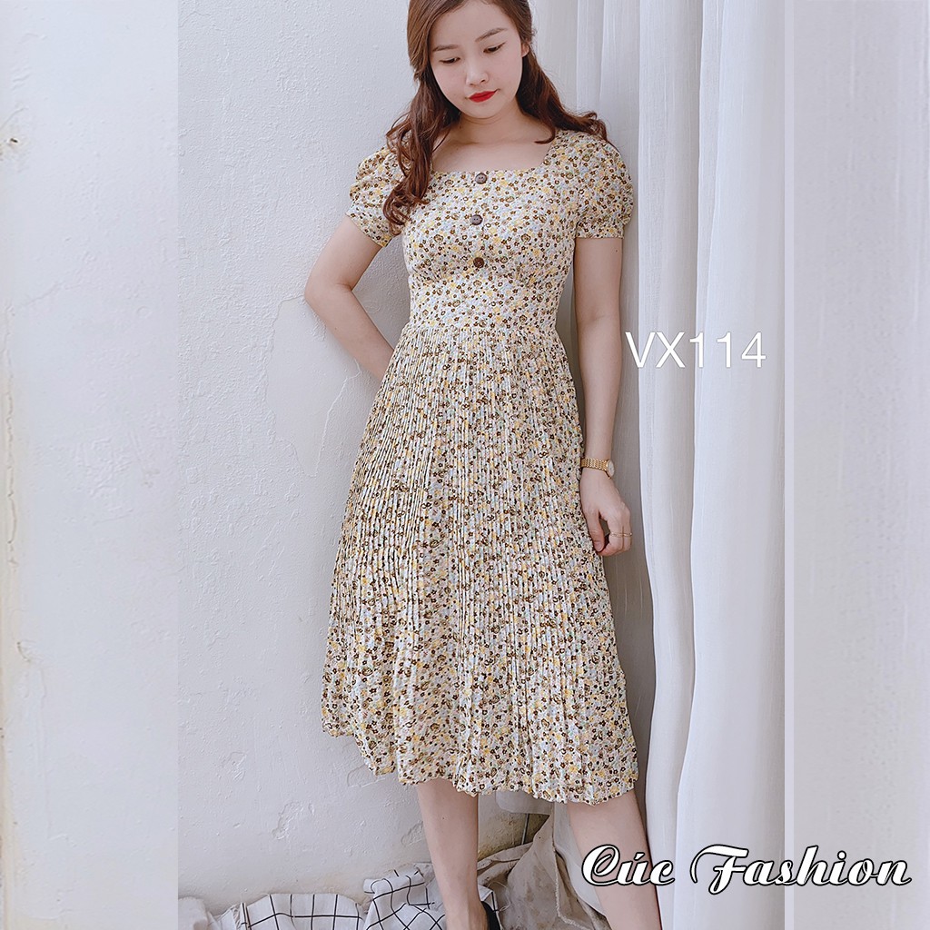 [ Mã WASTRUN4 giảm 10% tối đa 30K đơn 99K] Váy liền thân công sở cao cấp đẹp Cúc Fashion VX114 váy nữ hoa nhí cúc gỗ