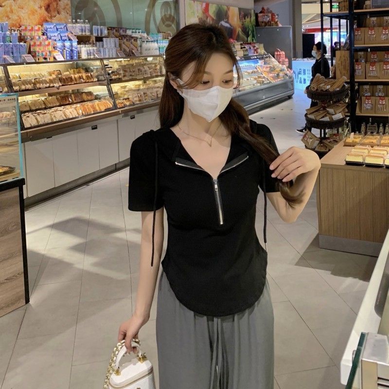 Áo Hoodie Tay Ngắn Màu Trơn Thời Trang 178569 Áo Thun Tay Ngắn Dáng Ôm Dễ Phối Đồ Hợp Thời Trang