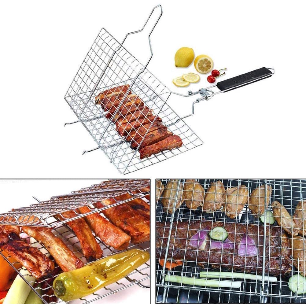 Vỉ Nướng Thịt / Cá Bằng Thép Không Gỉ 430 Có Tay Cầm Gỗ 32x 22cm