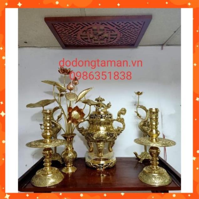 Bộ Đỉnh Thờ Lư Thờ Đồng Ngũ Sự Song Long Chầu Nguyệt cao 50cm chất liệu đồng nguyên chất đúc liền cao cấp