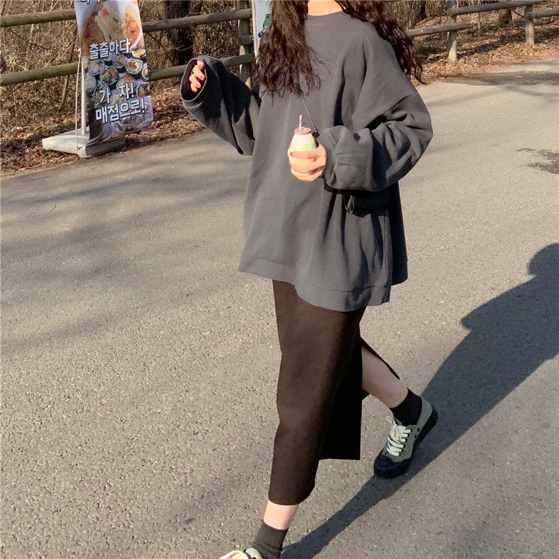 Áo Hoodie Màu Trơn Tay Dài Dáng Rộng Thời Trang Mùa Đông Phong Cách Hàn Quốc Cho Nữ