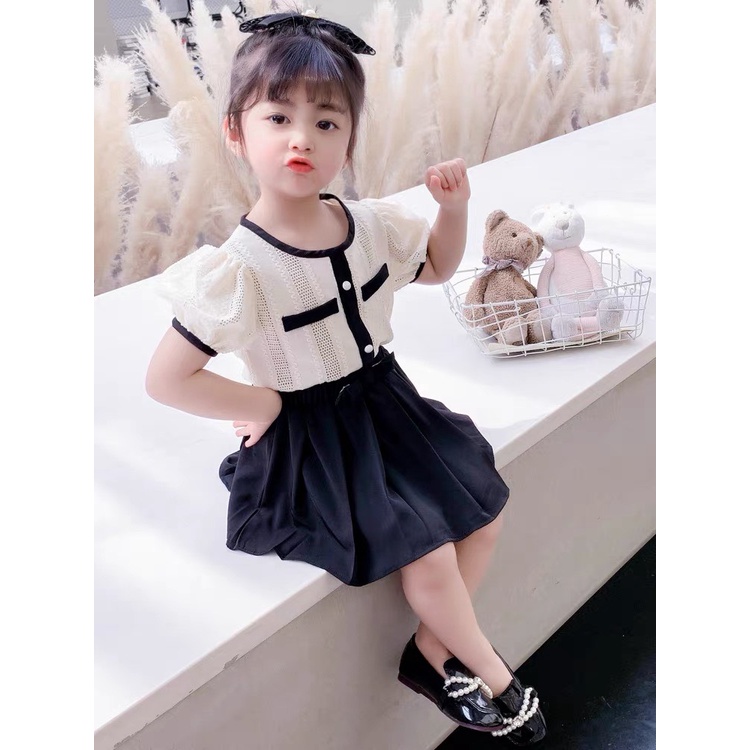 Đồ bộ bé gái, Set áo chui đầu ngắn tay đũi sọc tay bồng cúc ngọc và chân váy A xếp ly kaki xịn sò (có quần), SUN KID'S