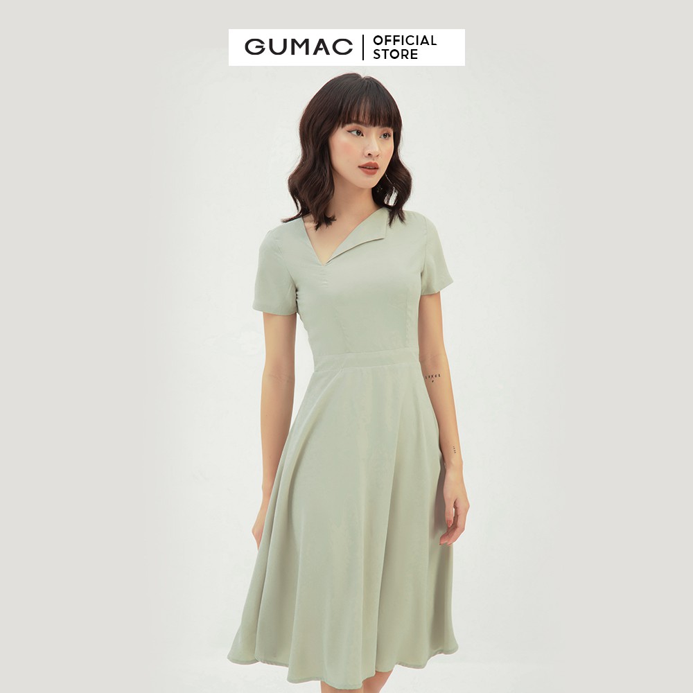 Đầm xòe nữ cổ lật bản eo GUMAC màu xanh trơn, đủ size, trẻ trung, thanh lịch DB365 | BigBuy360 - bigbuy360.vn