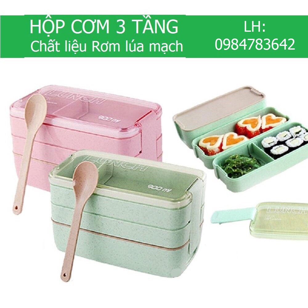 Hộp Cơm 3 Tầng Lúa Mạch Cao Cấp Hình Chữ Nhật, Kèm Thìa Dĩa, Có Túi Giữ Nhiệt Cute Đựng